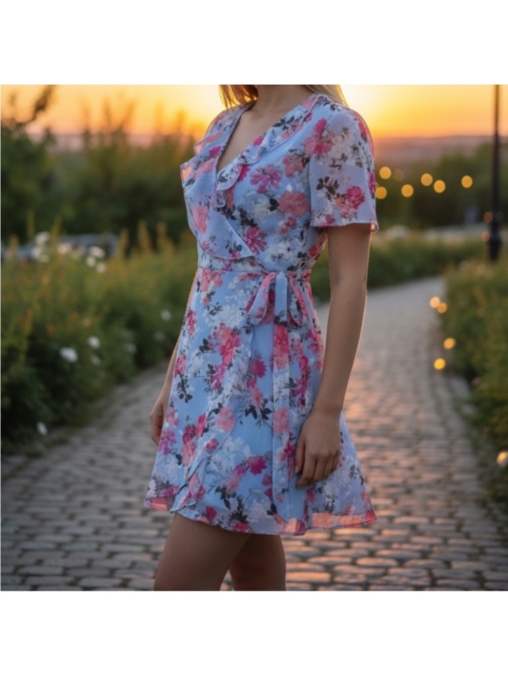 Speechless Blue Floral Wrap Mini Dress with Pink Blooms